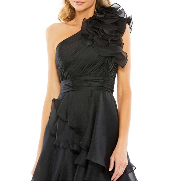 NWOT MAC DUGGAL one shoulder ruffle HI-LO Black Dress sz 6 GOWN - Picture 2 of 7